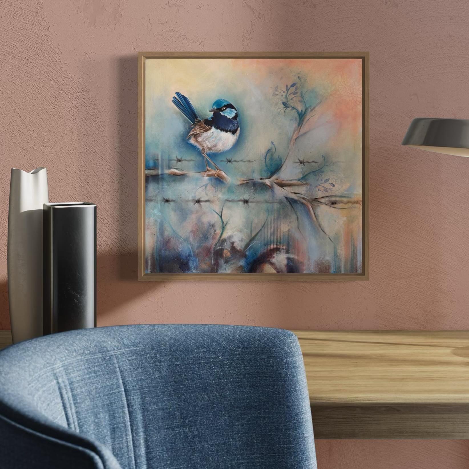 Superb fairy wren modern original art framed 
