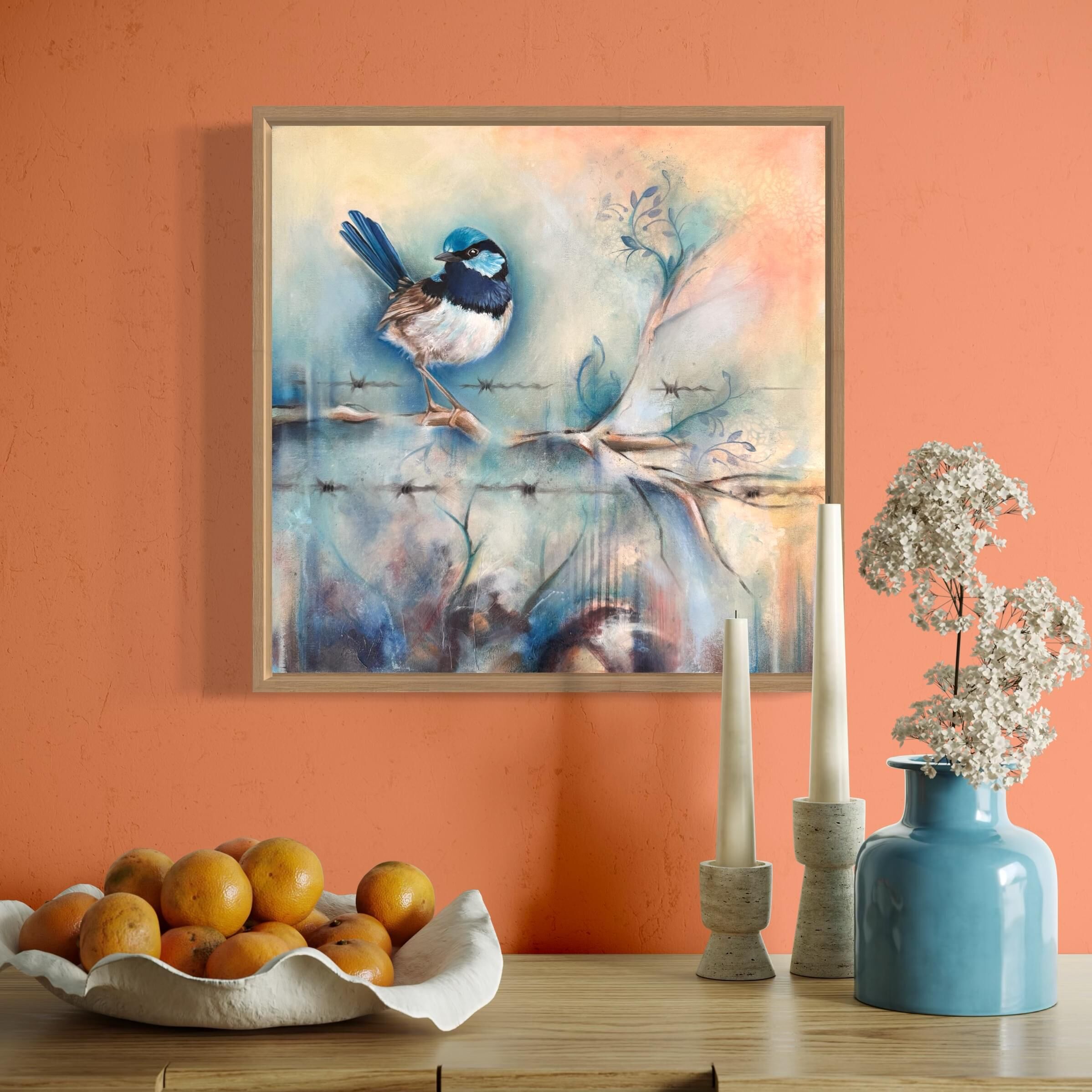 Superb fairy wren modern original art framed 