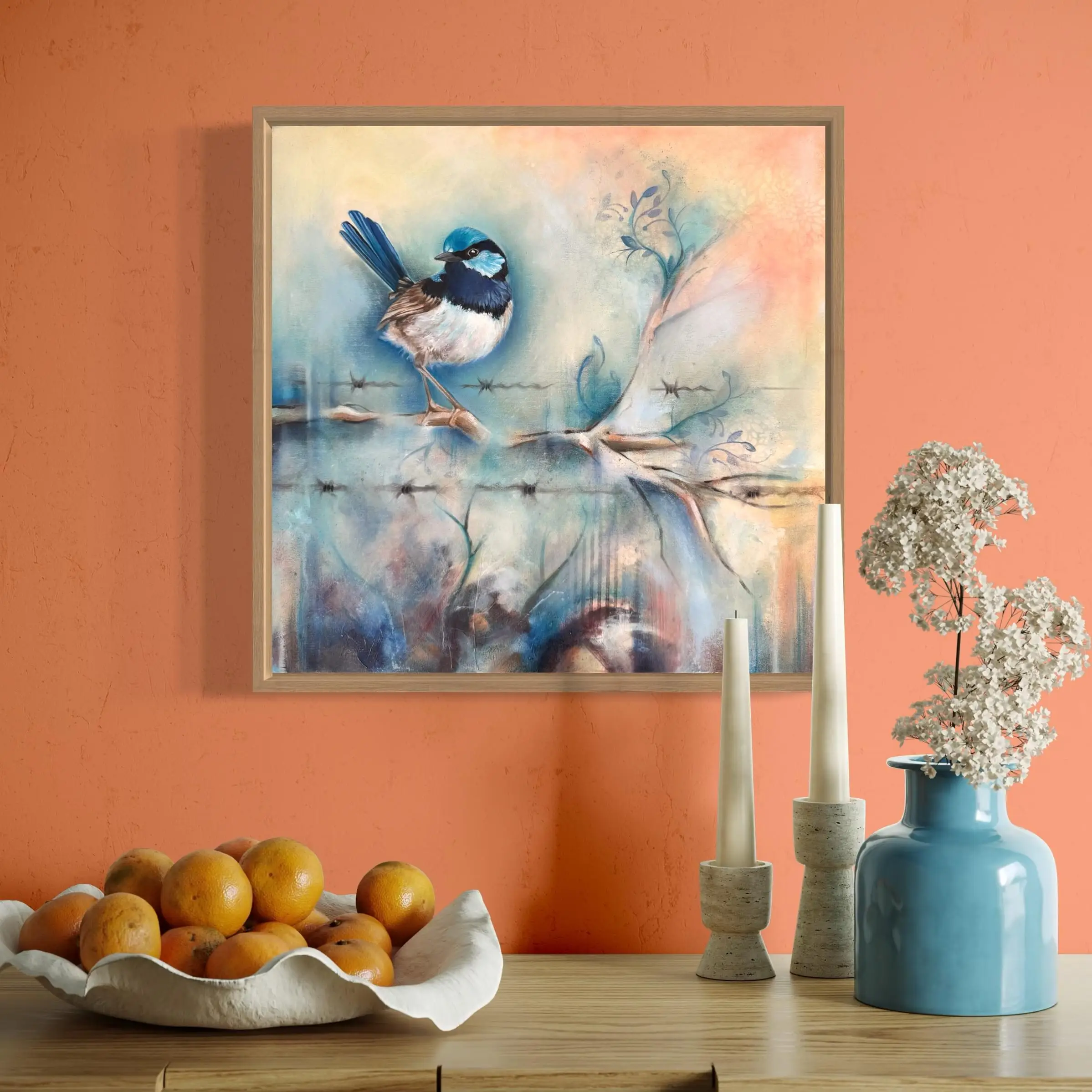 Superb fairy wren modern original art framed 