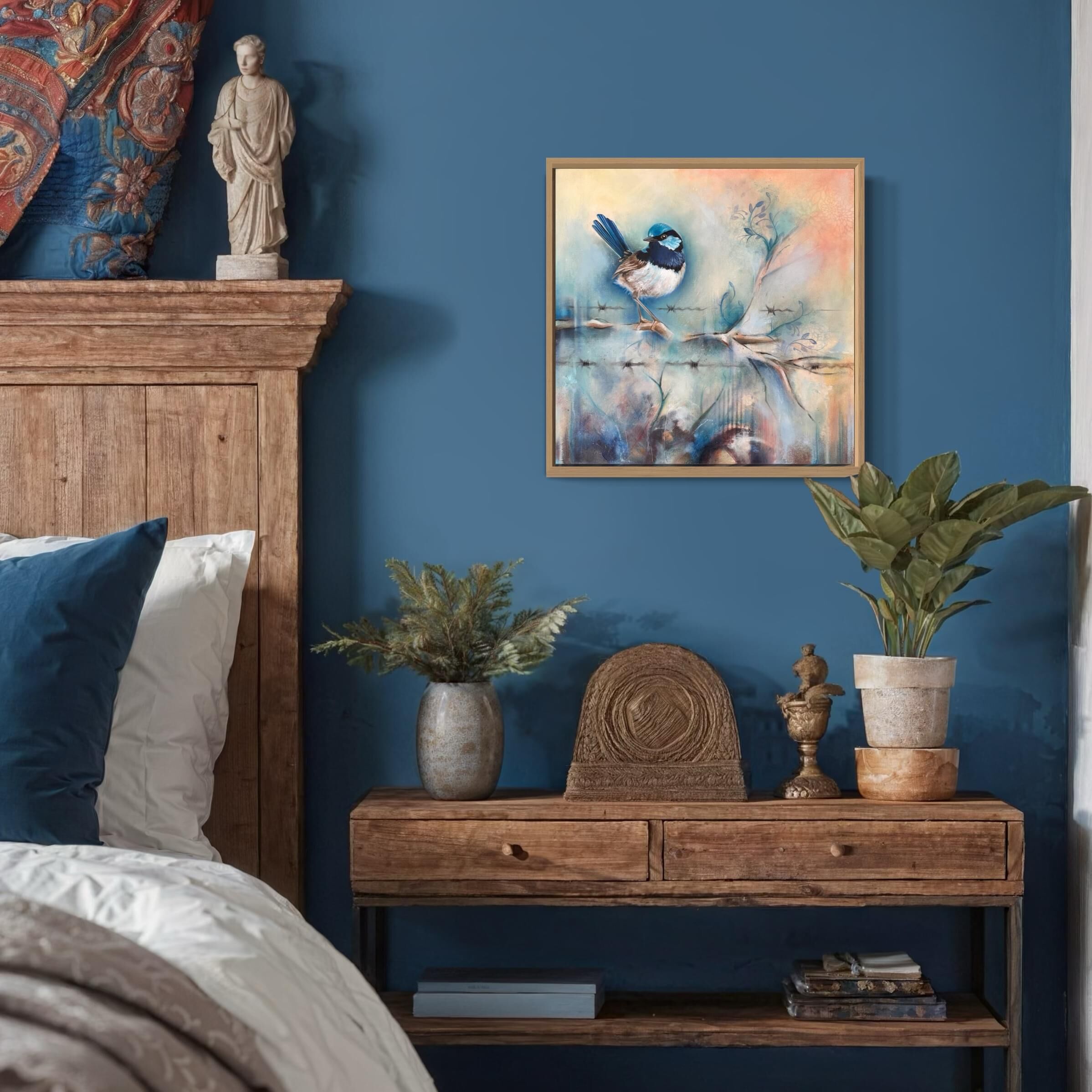 Superb fairy wren modern original art framed 