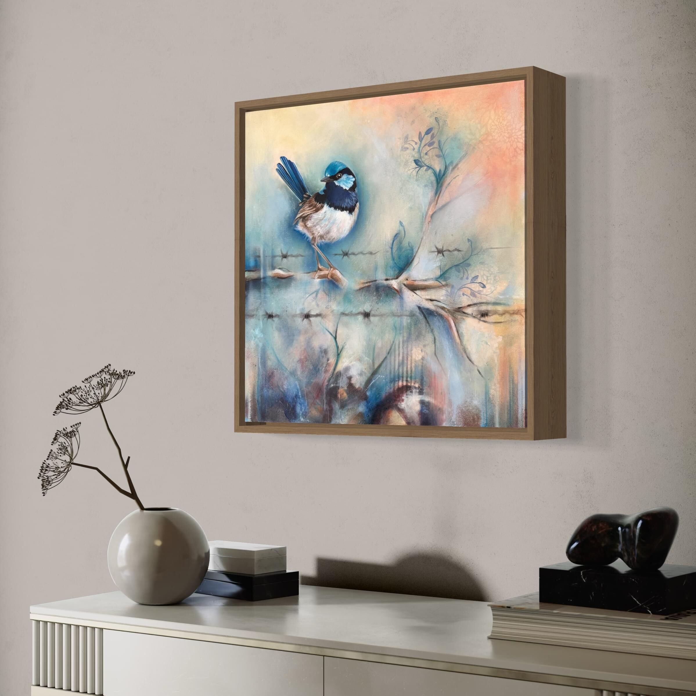 Superb fairy wren modern original art framed 
