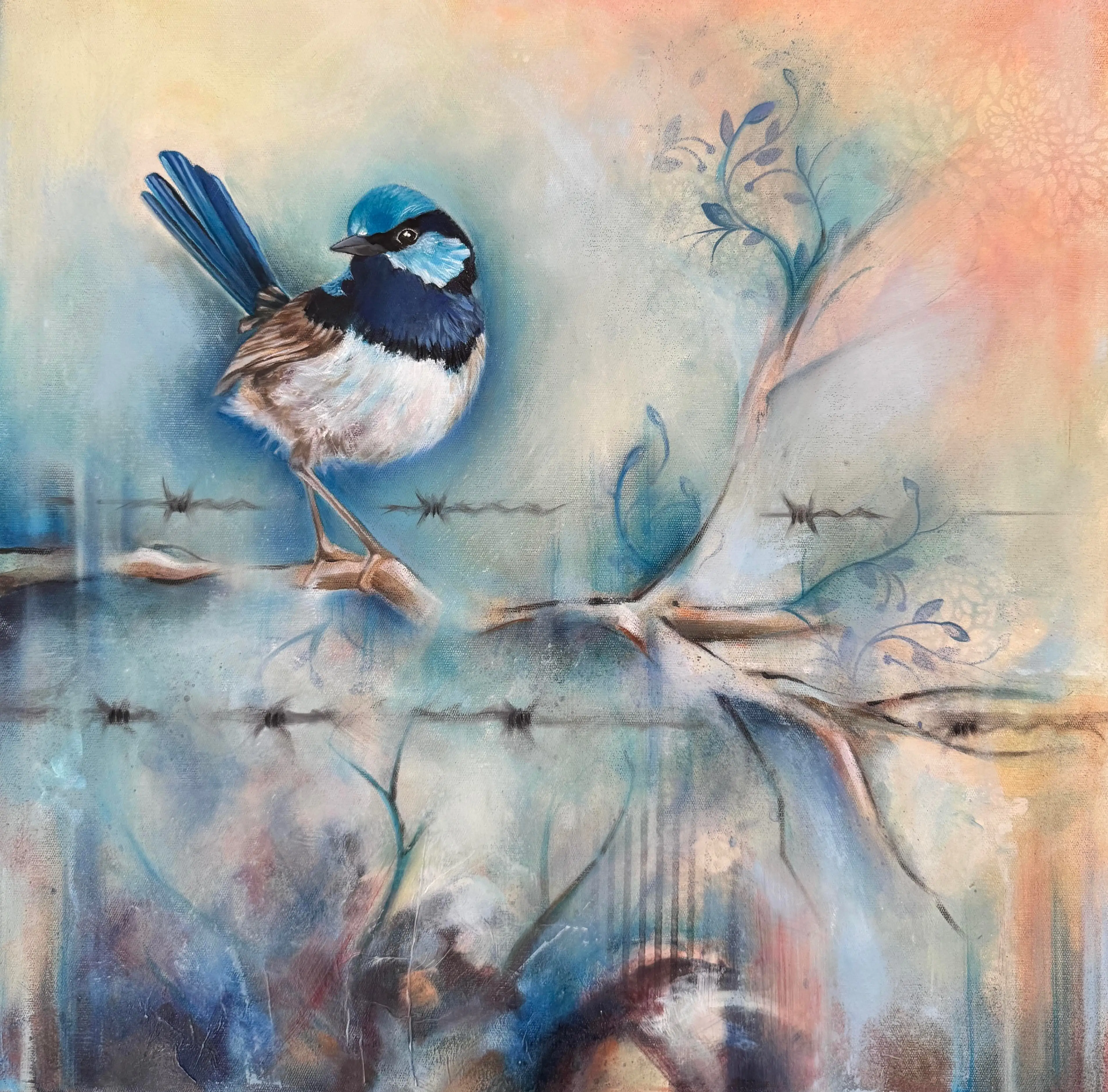 Superb fairy wren modern original art framed 